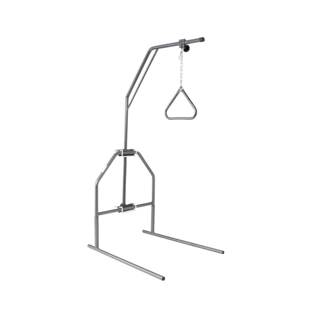 The Medline Economy Trapeze Patient Repositioner is a freestanding unit with a triangular handle on a chain, designed to aid patient mobility and assist with bed transfers.